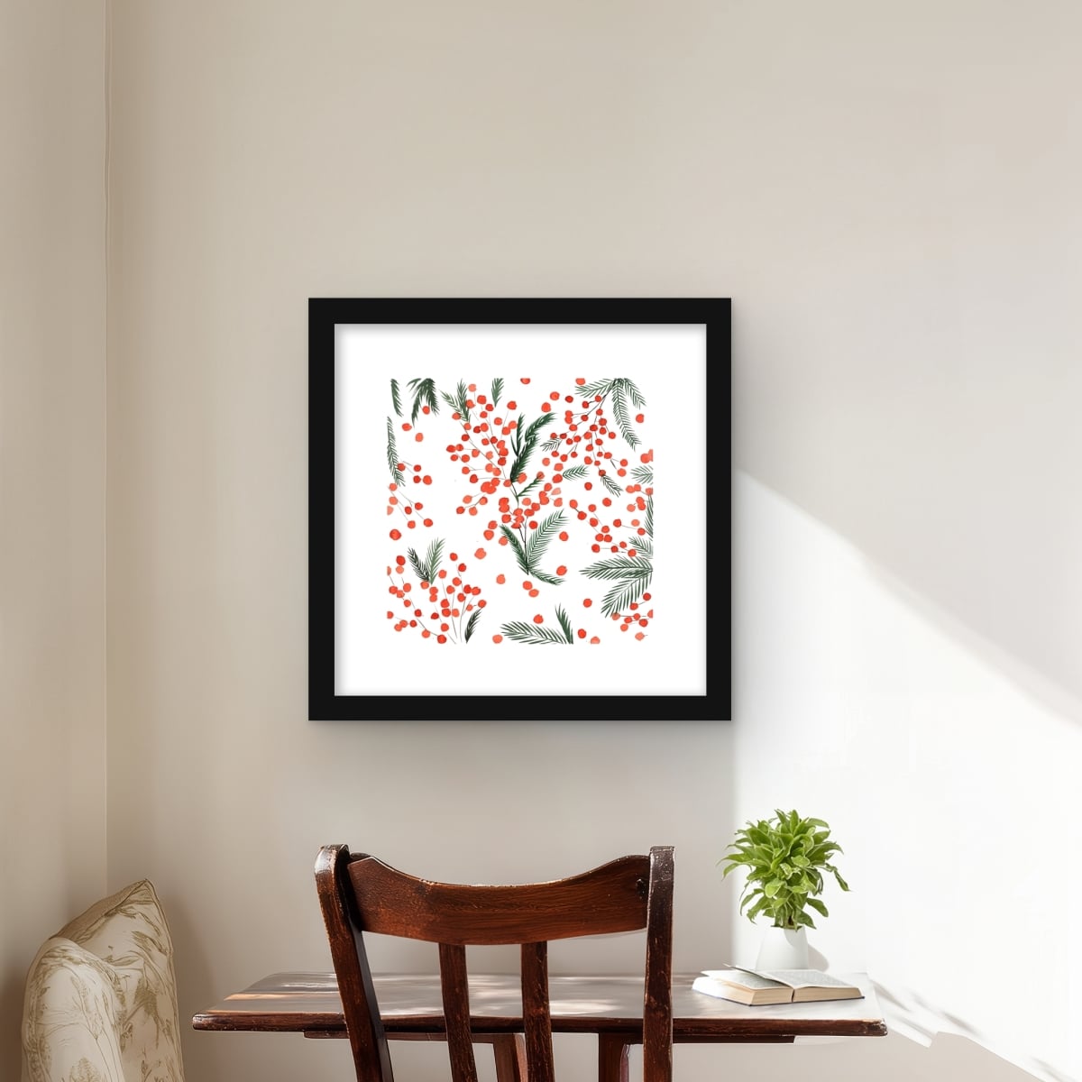 C1FM1616E5VSSP 16 x 16 in. Mistletoe Leaf Pattern Framed Print Wall Art - Red Home Decor Art