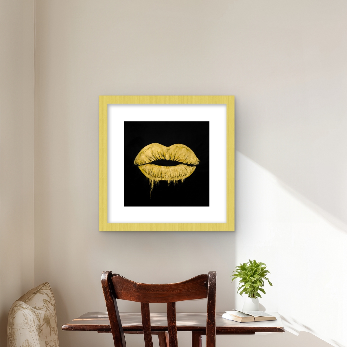 C1FM1616EBWPRV 16 x 16 in. Golden Lips - Bedroom Black Framed Matted Print Wall Art - Home Decor