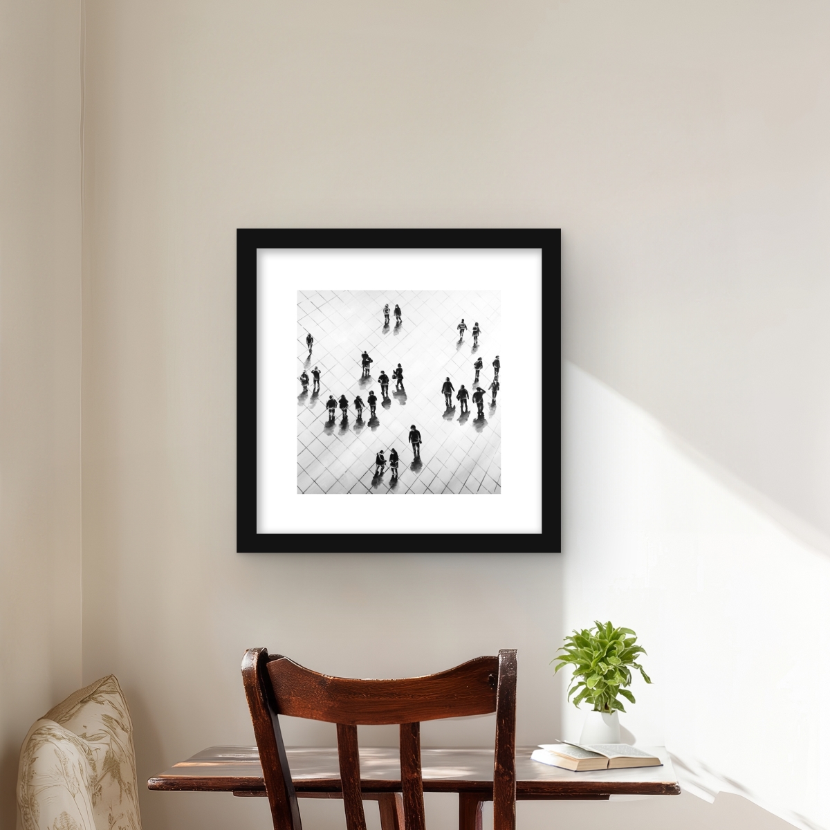 C1FM1616JN254H 16 x 16 in. Overhead View of People on the Street - White Framed Print Wall Art