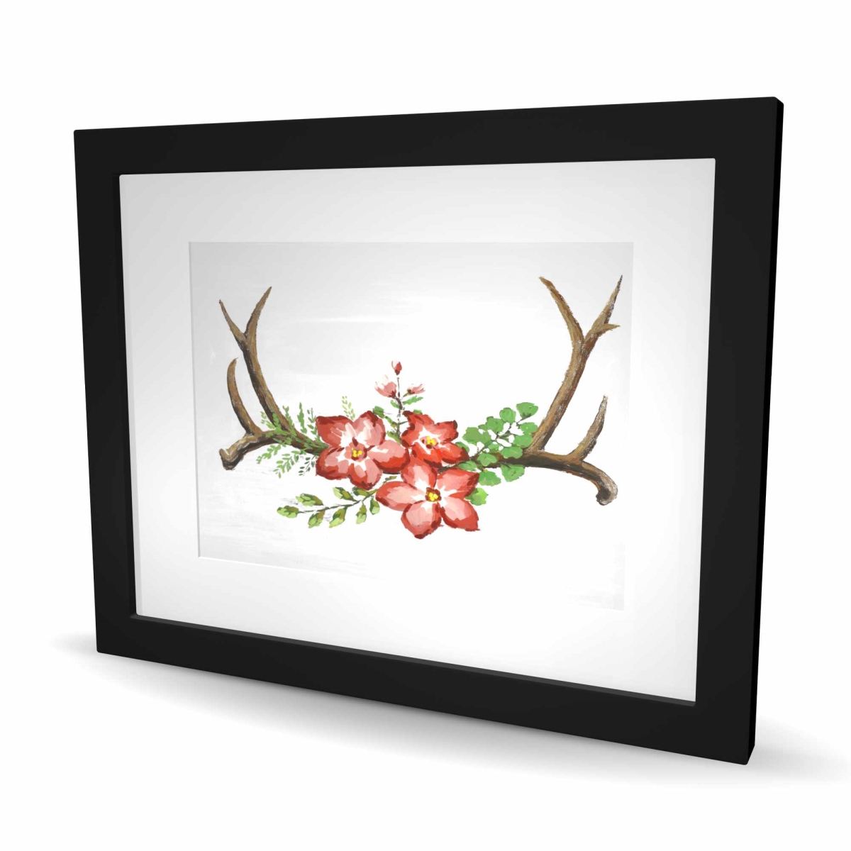 C1FM1620WRS5LM 16 x 20 in. Deer Horns & Pink Flowers - Still Life Print Wall Art - Home Decor