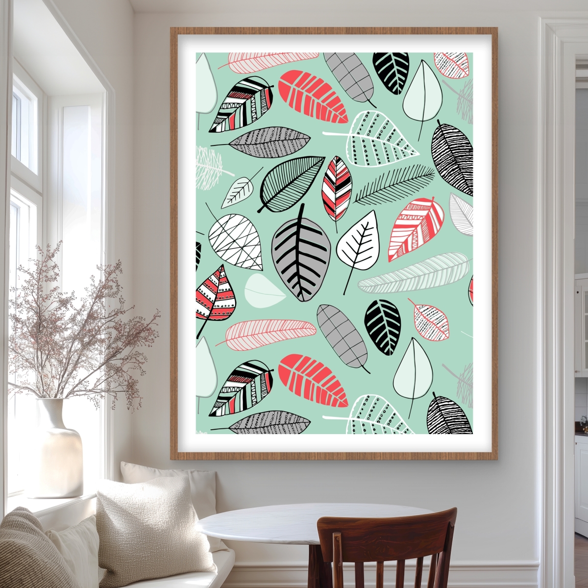 C1FM36482JZO48 36 x 48 in. Turquoise Leaf Patterns - Coral Framed Print Wall Art for Kids Decor