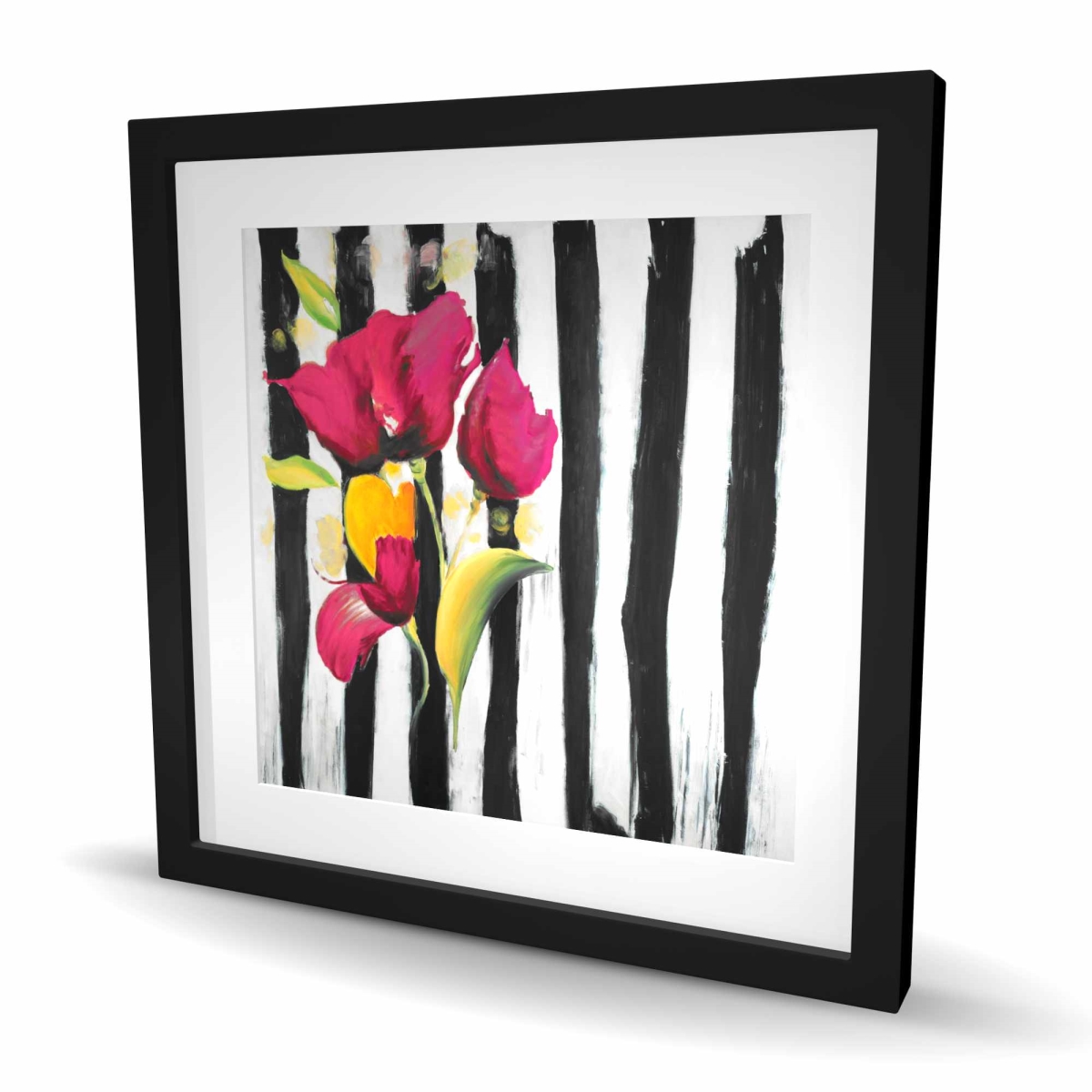 C1FM2424RNUUKL 24 x 24 in. Pink Flowers On Black Stripes - Floral Framed Print Wall Art for Home