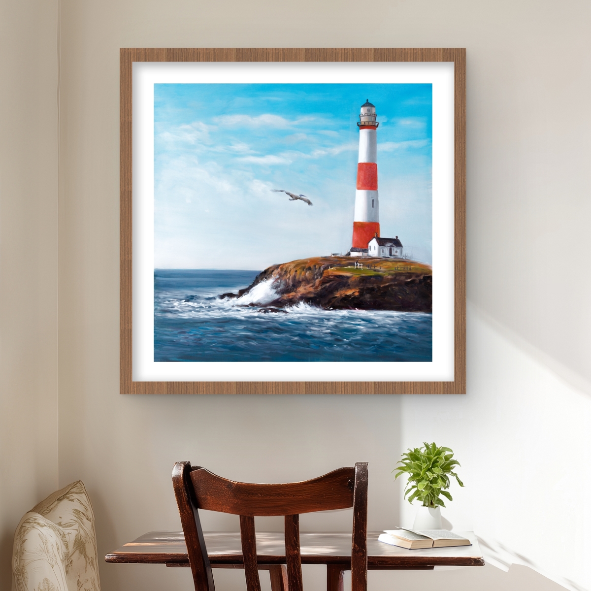 C1FM2424TH1OH3 24 x 24 in. Lighthouse At the Edge of the Sea Wall Art - Framed Coastal Print