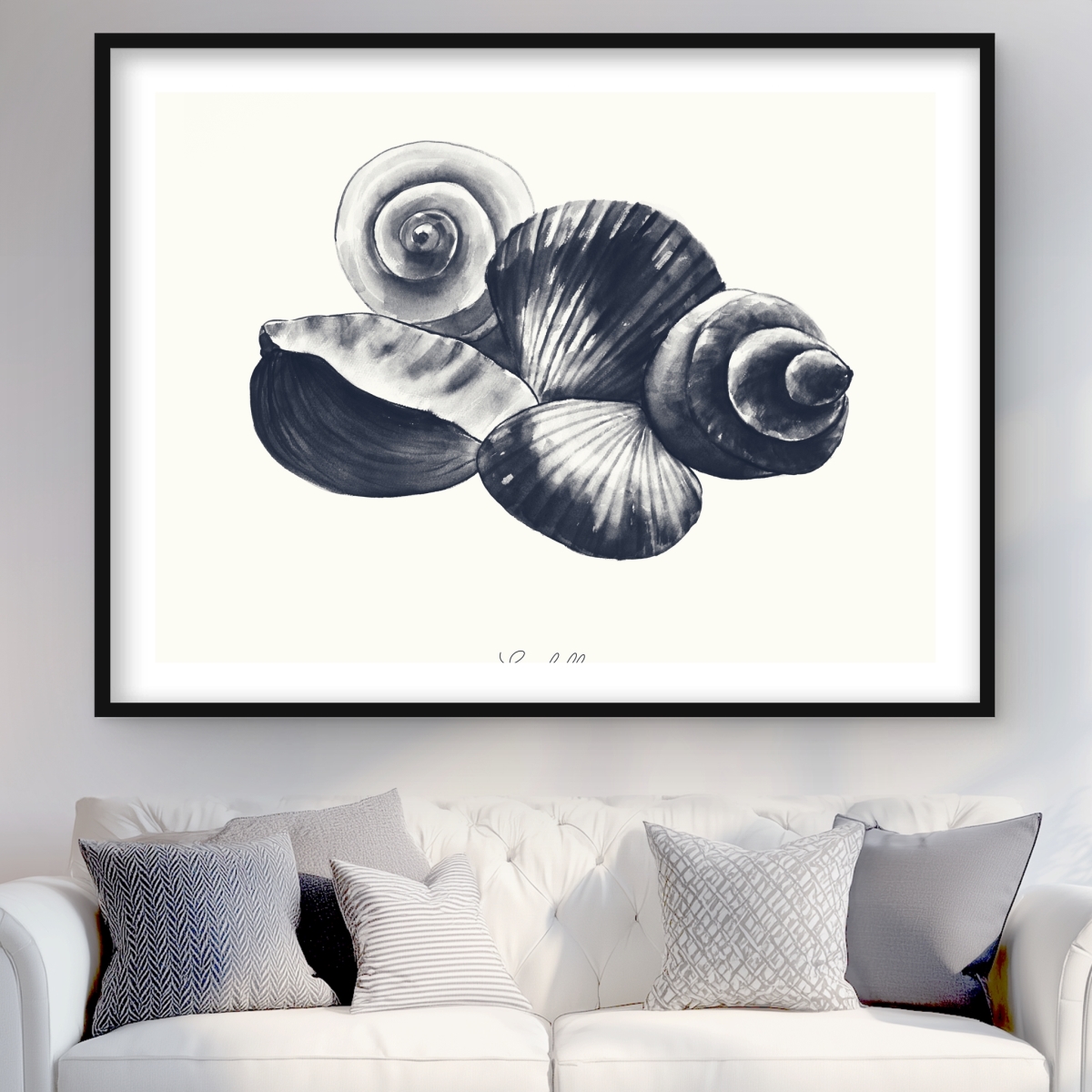 C1FM364816F8QP 36 x 48 in. Blue Seaside Shells - Framed Matted Print Wall Art for Bathroom Decor