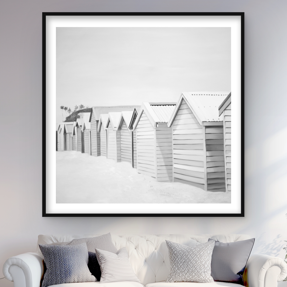 C1FM4848T9BBVH 48 x 48 in. Beach Cabins - White Beach Framed Matted Print Wall Art - Home Decor