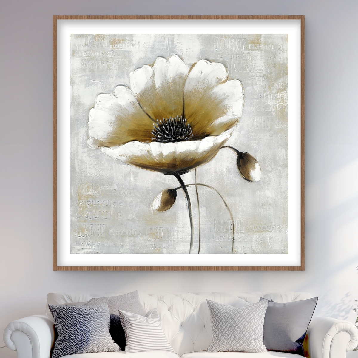 C1FM4848UE7M3D 48 x 48 in. Modern Beige Flower Wall Art - Office Floral Matted Print for Decor