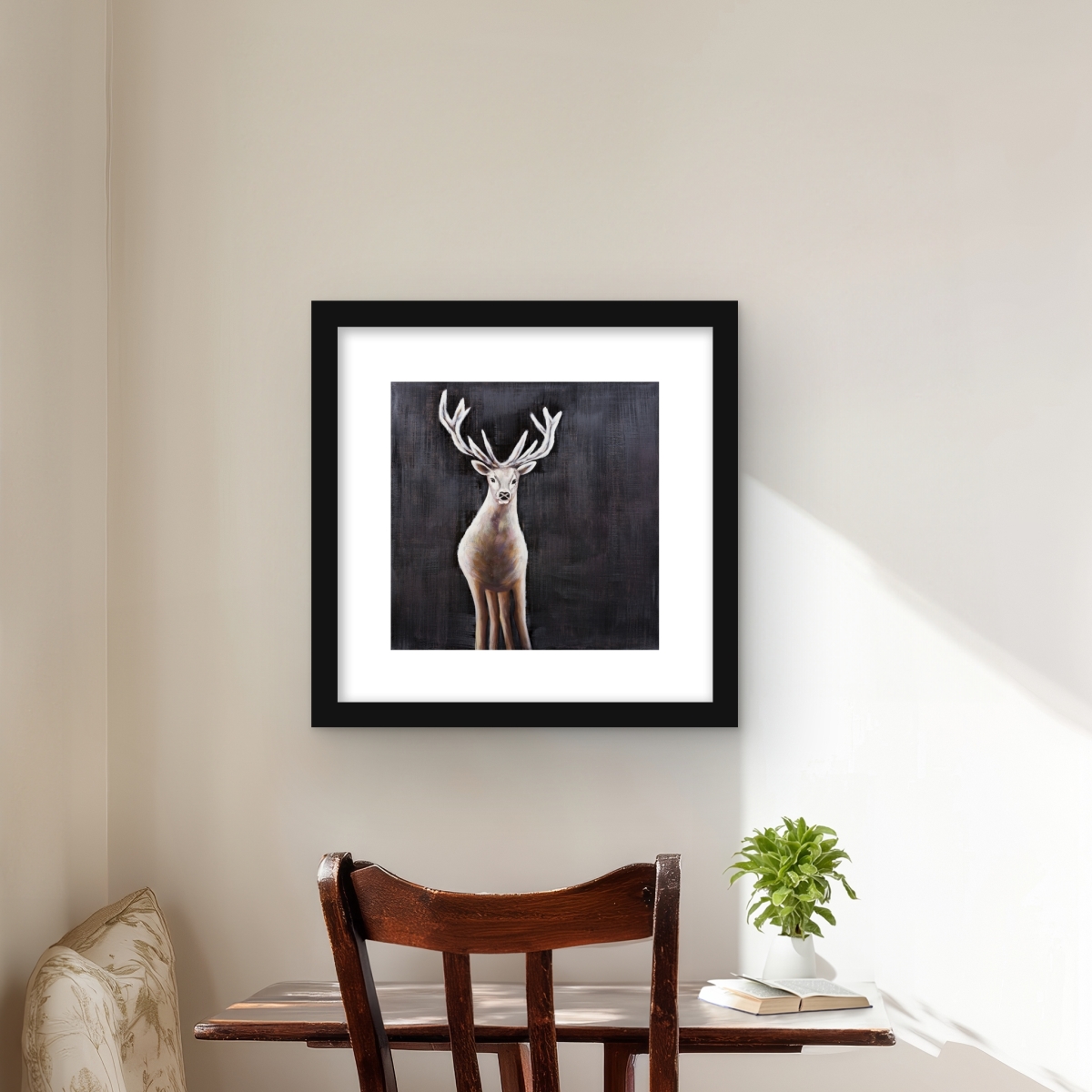 C1FM16169UC1X1 16 x 16 in. Lonely Deer - Rustic Black Framed Matted Print Wall Art - Home Decor