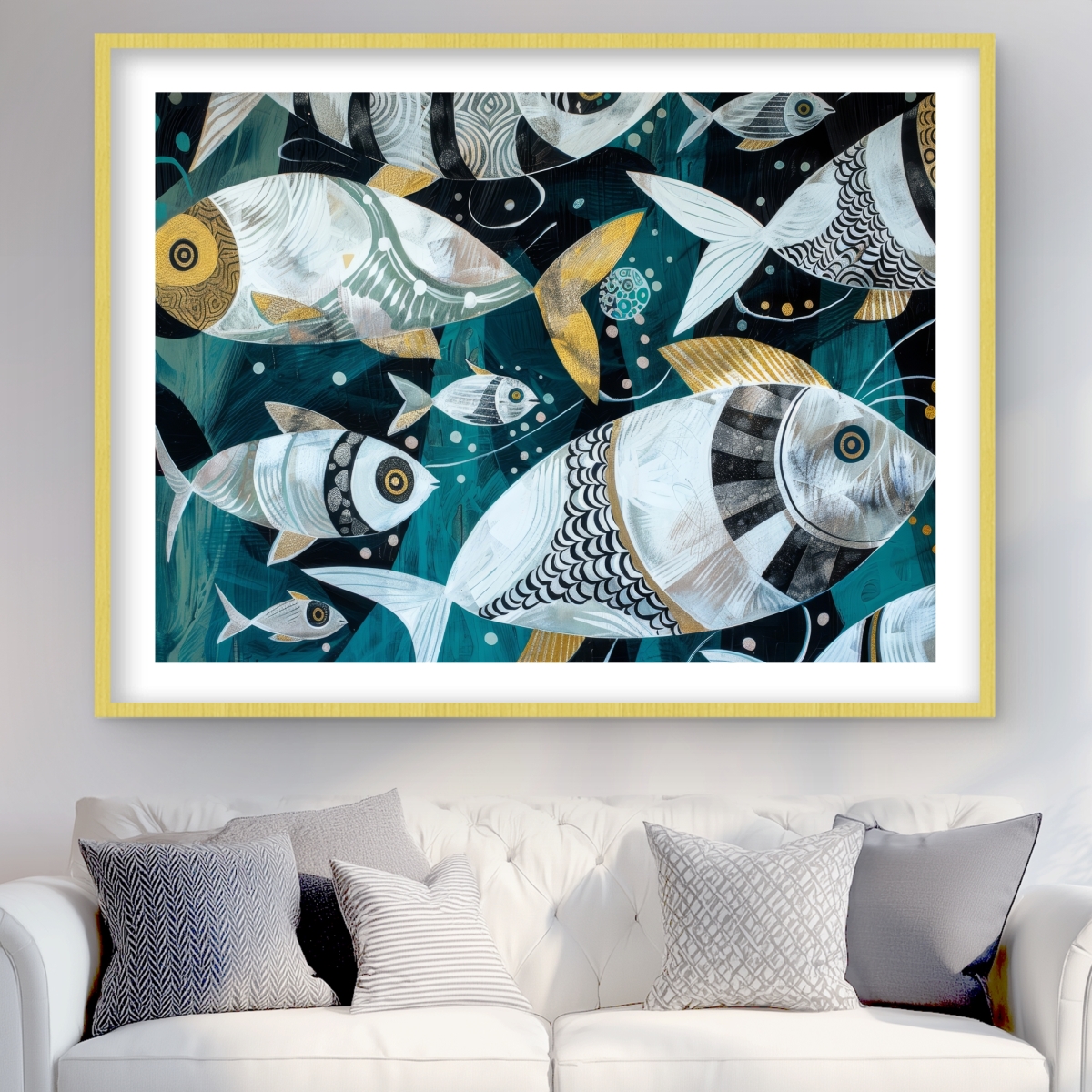 C1FM3648NZY20D 36 x 48 in. School of Fish Gray Framed Matted Print Wall Art - Home Decor Art