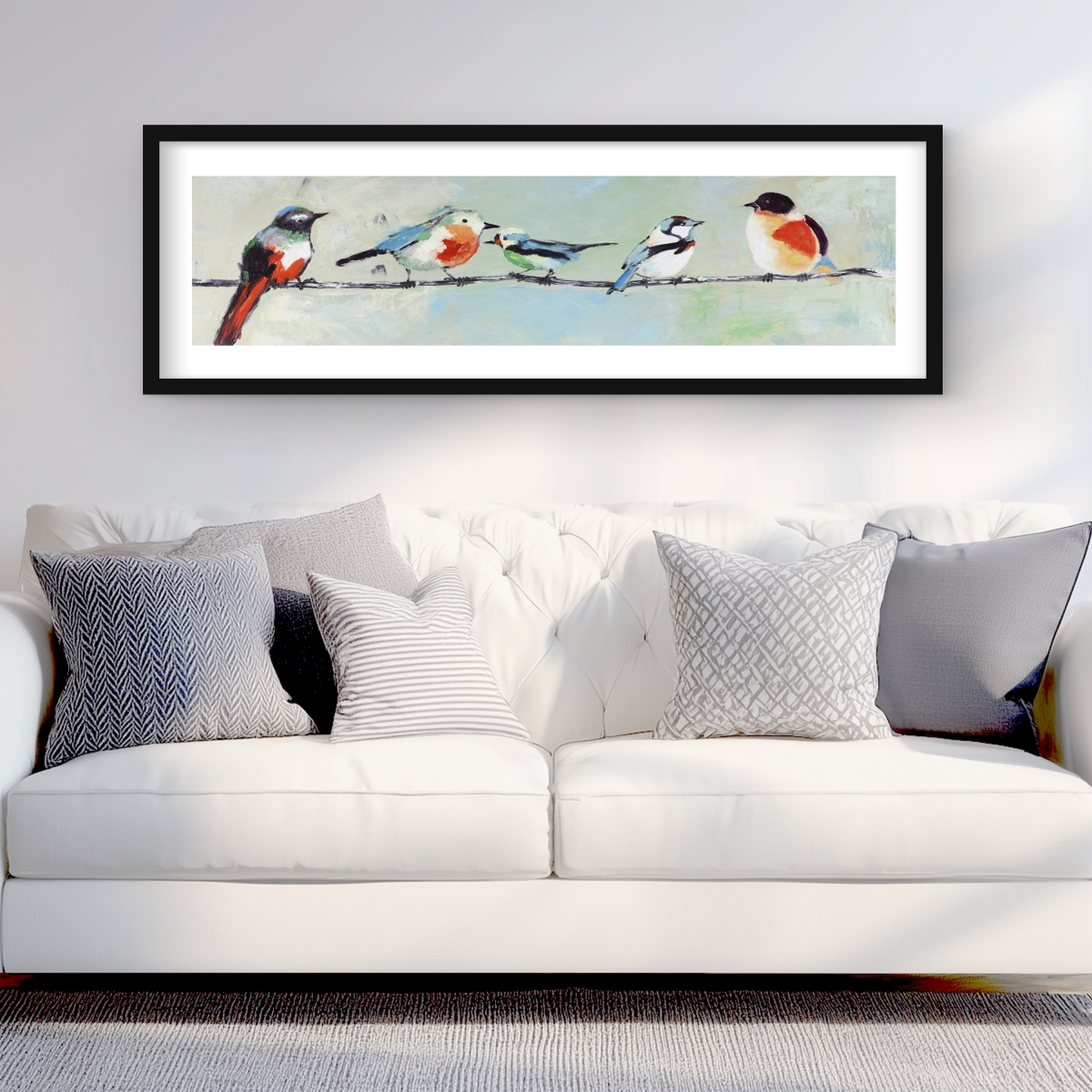 C1FM1648FSFJ7E 16 x 48 in. Small Abstract Colorful Birds - Office Animals Framed Print Wall Art
