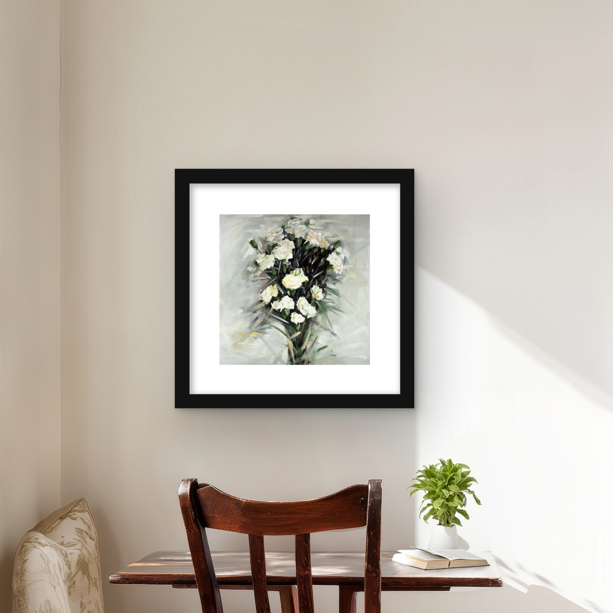 C1FM1616SUZVNE 16 x 16 in. Lisianthus White Bouquet Wall Art - Beige Framed Matted Floral Print