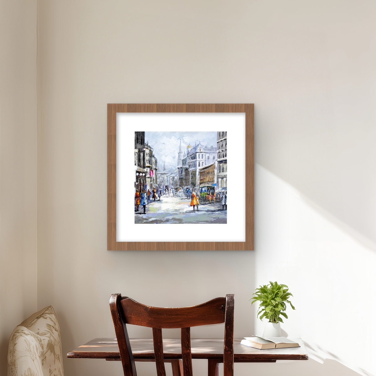 C1FM1616X0NZ3U 16 x 16 in. Busy Street by A Cloudy Day Wall Art - Beige Building Matted Print