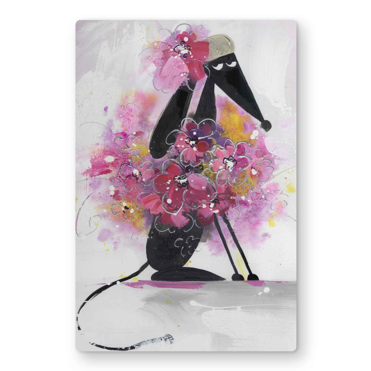C1MP1218N41CJ4 12 x 18 in. Cartoon Dog with Pink Flowers Wall Art - Bedroom Metal Print Decor