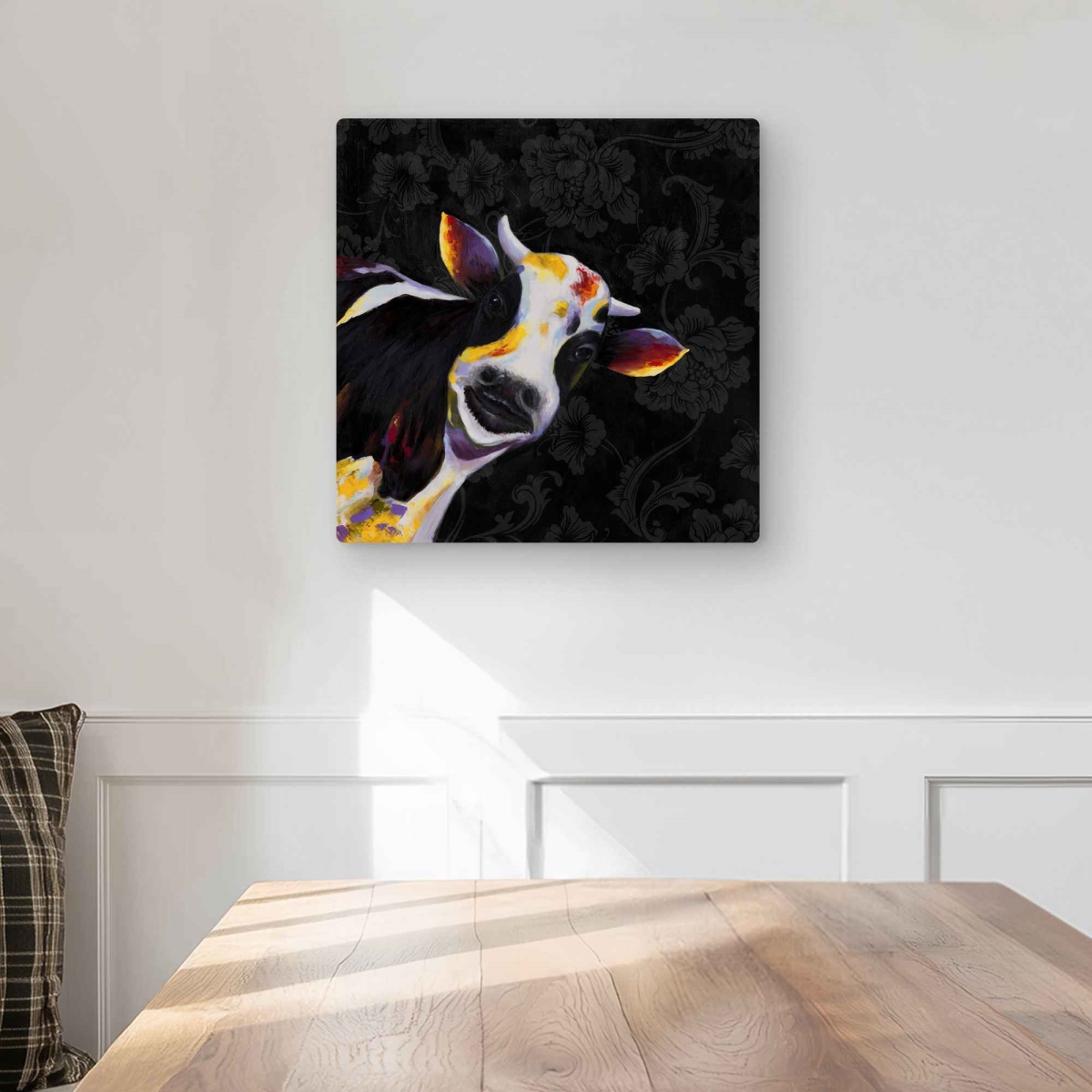 C1MP16162AHXX4 16 x 16 in. Funny Cow - Black Flowers Metal Print Wall Art for Unique Home Decor