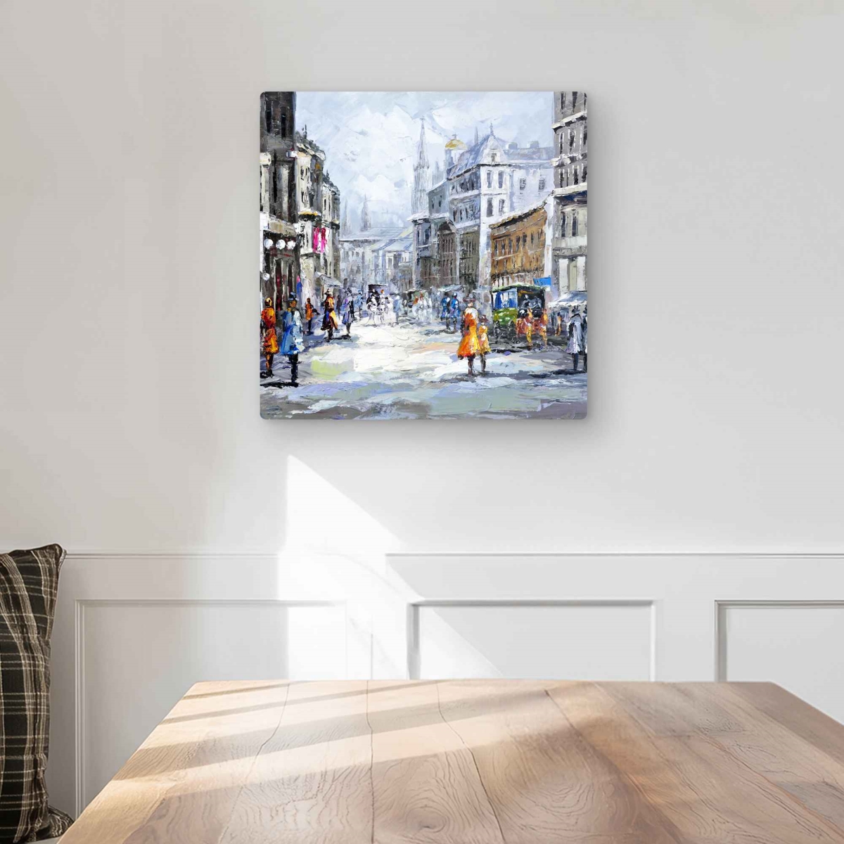 C1MP16168T50OS 16 x 16 in. Busy Street by A Cloudy Day Wall Art - Cities Beige Metal Print Decor