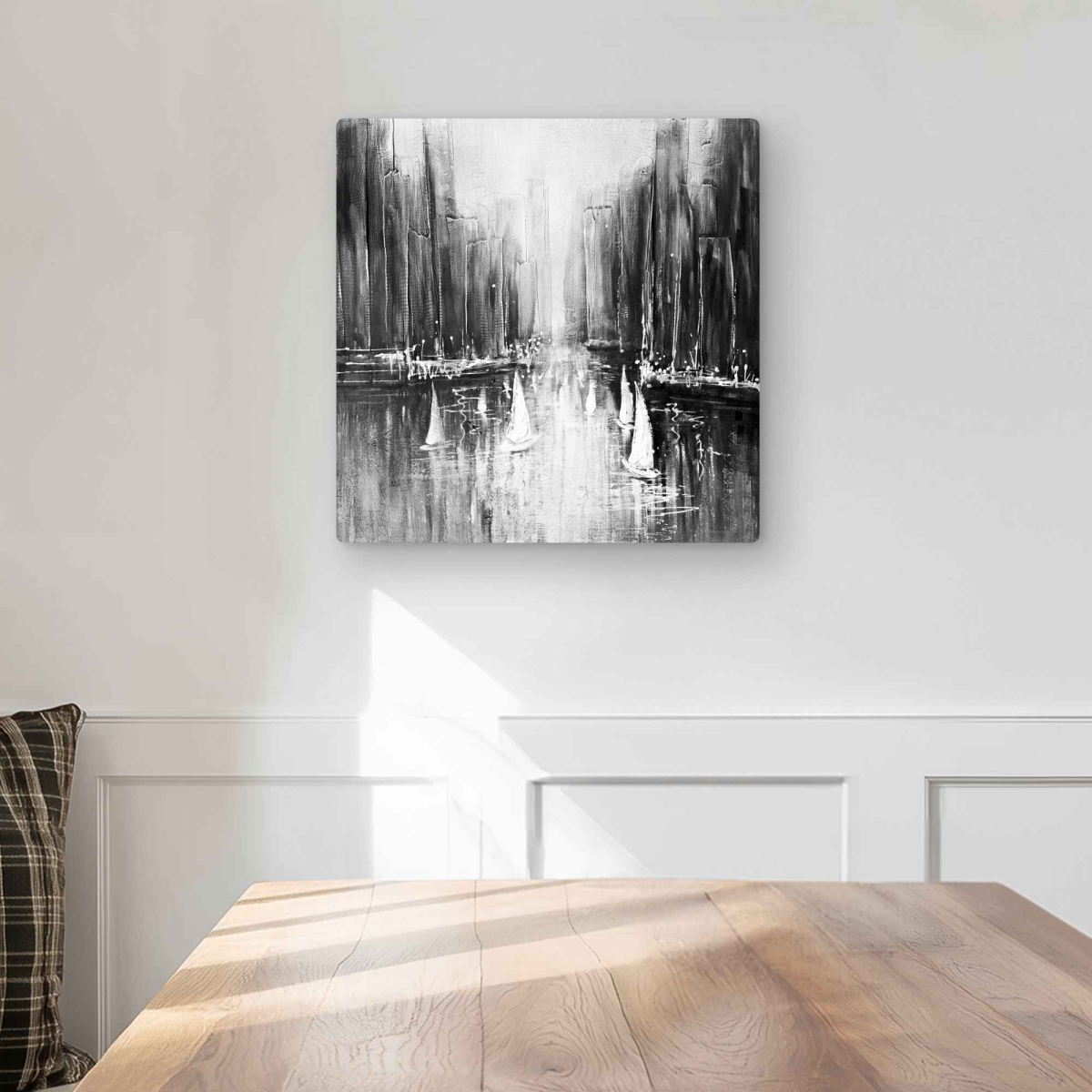 C1MP161610RPHG 16 x 16 in. Grayscale Boats on the Water Wall Art - Coastal Metal Print Decor