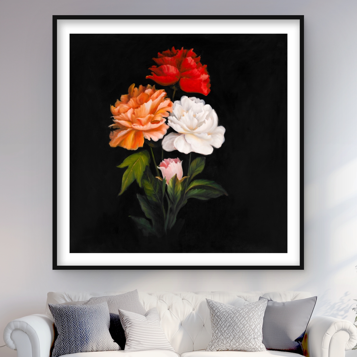 C1FM48481BIX8H 48 x 48 in. Three Beautiful Rose Flowers - Botanical Red Framed Print Wall Art