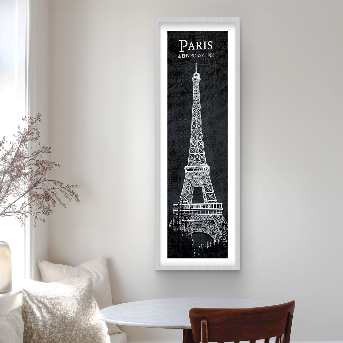 C1FM1648H4FM1Y 16 x 48 in. Eiffel Tower Sketch with Map Background - Framed Print Wall Art