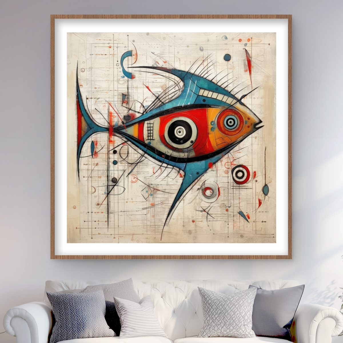 C1FM4848GLUDJA 48 x 48 in. Abstract Fish - Framed Matted Print Wall Art for Aquatic Home Decor