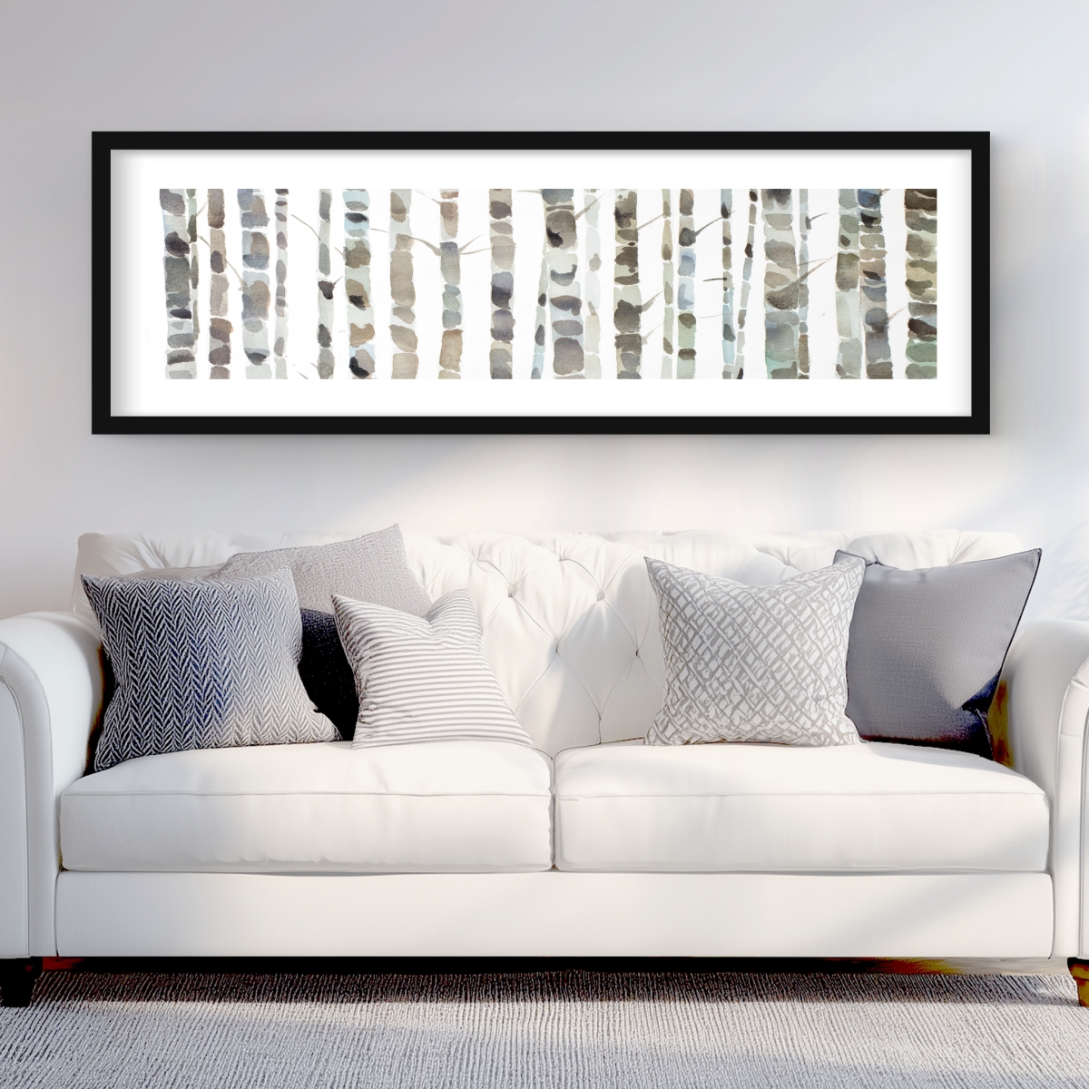 C1FM20603EAKTZ 20 x 60 in. Watercolor Birch Tree Forest Wall Art - Blue Trees Framed Print Decor