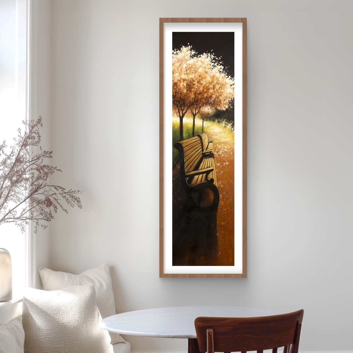C1FM1648FK7PEY 16 x 48 in. Park Bench On A Fall Day - Contemporary Coral Framed Print Wall Art