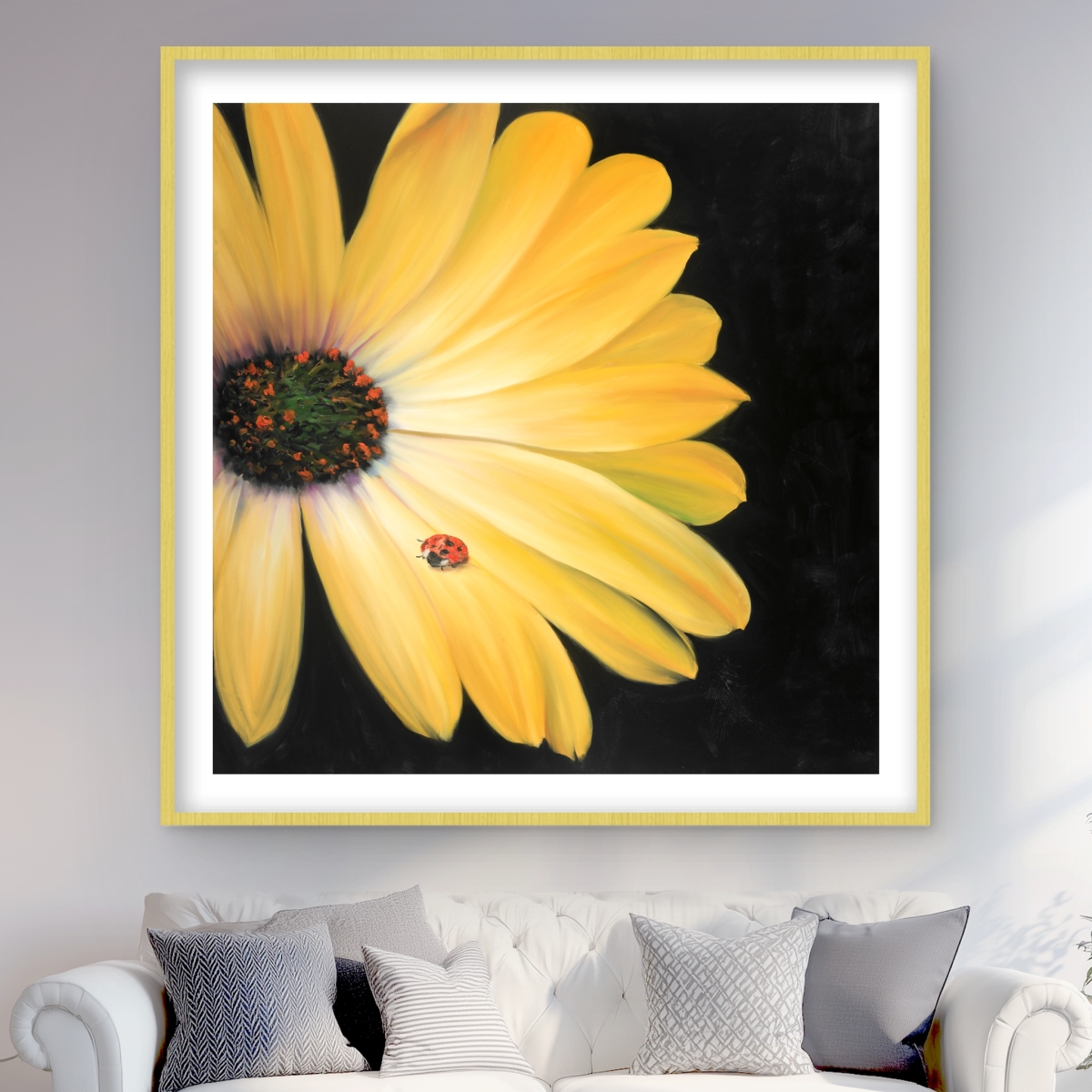C1FM4848V2GFFA 48 x 48 in. Yellow Daisy & Ladybug Framed Print Wall Art - Botanical Home Decor