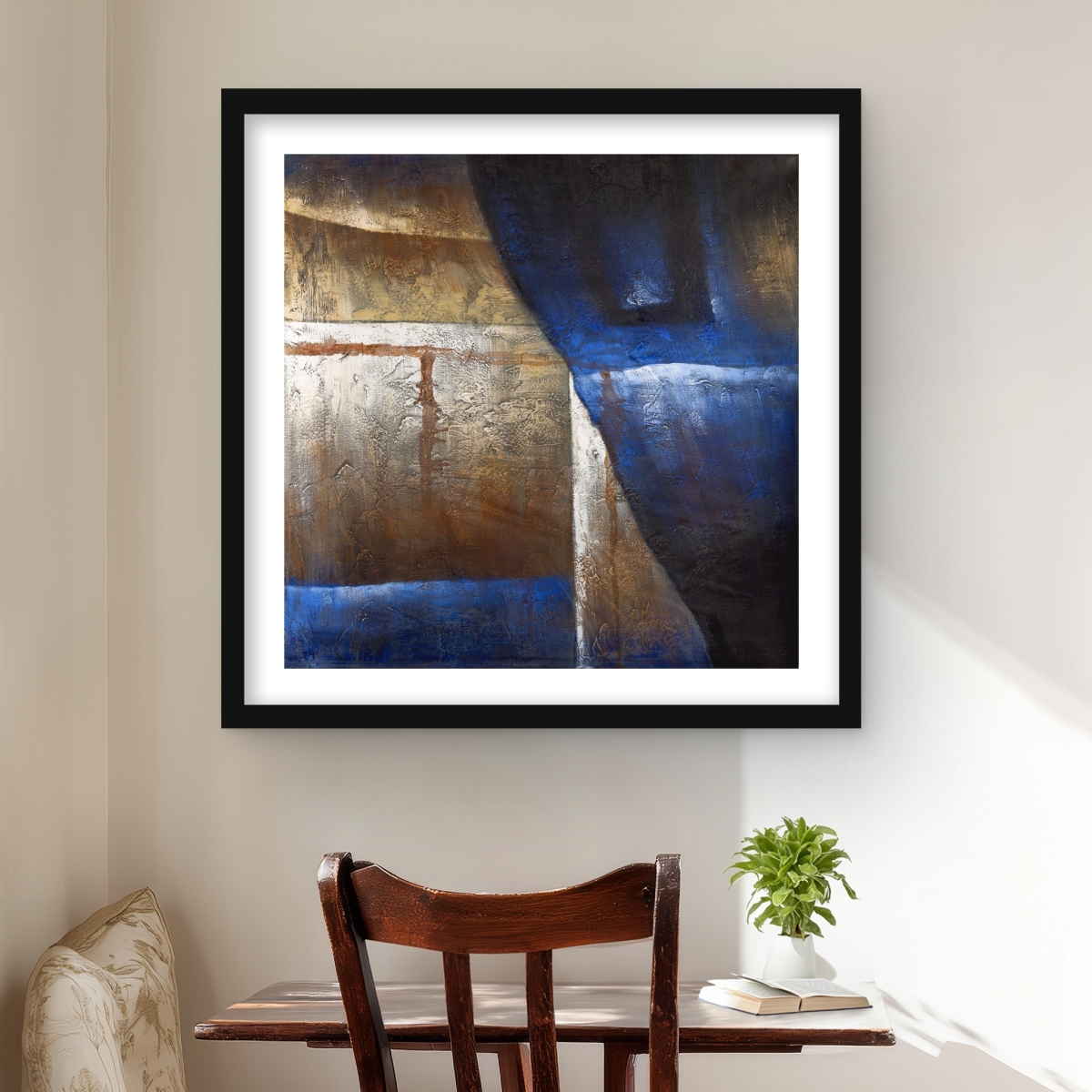 C1FM2424D9F8WU 24 x 24 in. Bronze Shapes with Blue Light - Beige Abstract Framed Print Wall Art