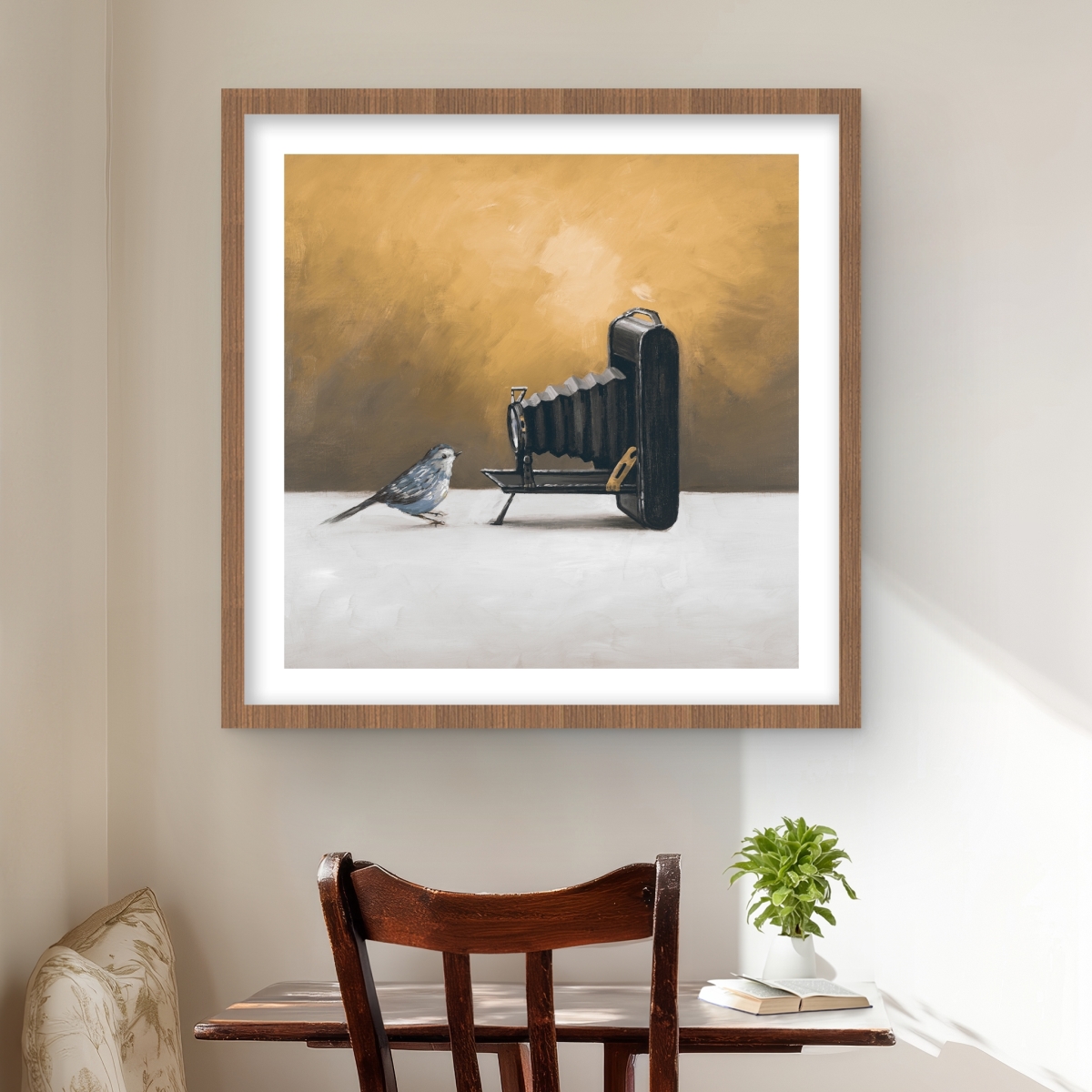 C1FM2424DRO48R 24 x 24 in. Old Camera with Bird - Rustic Blue Framed Print Wall Art - Home Decor