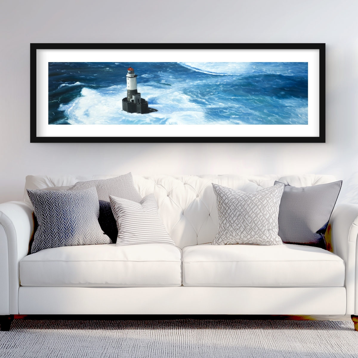 C1FM2060V78YX2 20 x 60 in. Unleashed Waves On A Lighthouse Wall Art - Blue Building Matted Print