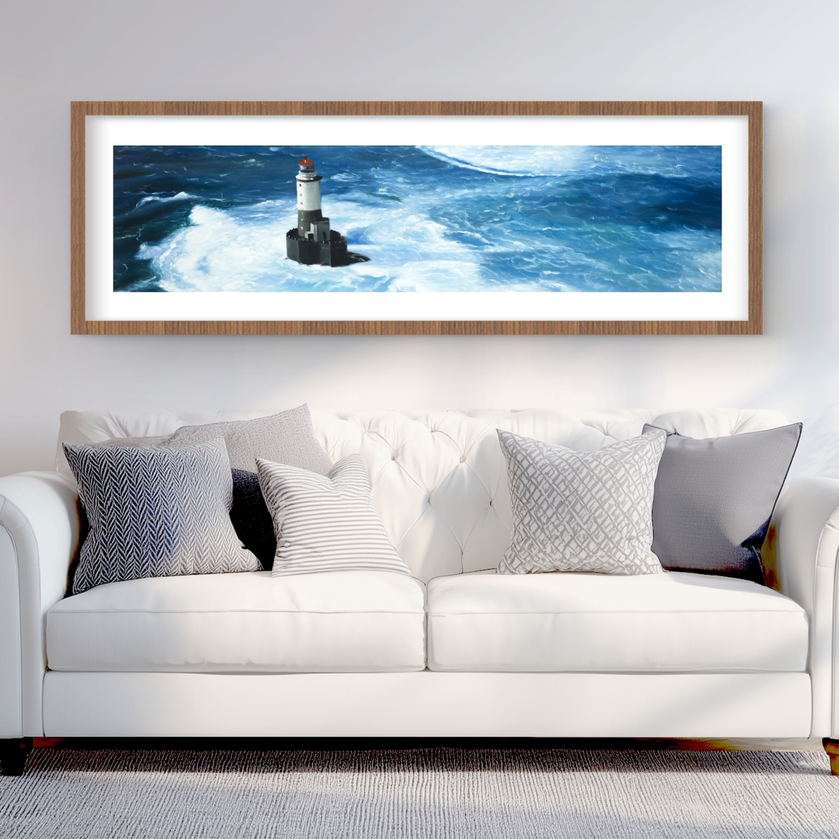 C1FM2060W0O2OA 20 x 60 in. Unleashed Waves On A Lighthouse - Blue Coastal Framed Print Wall Art