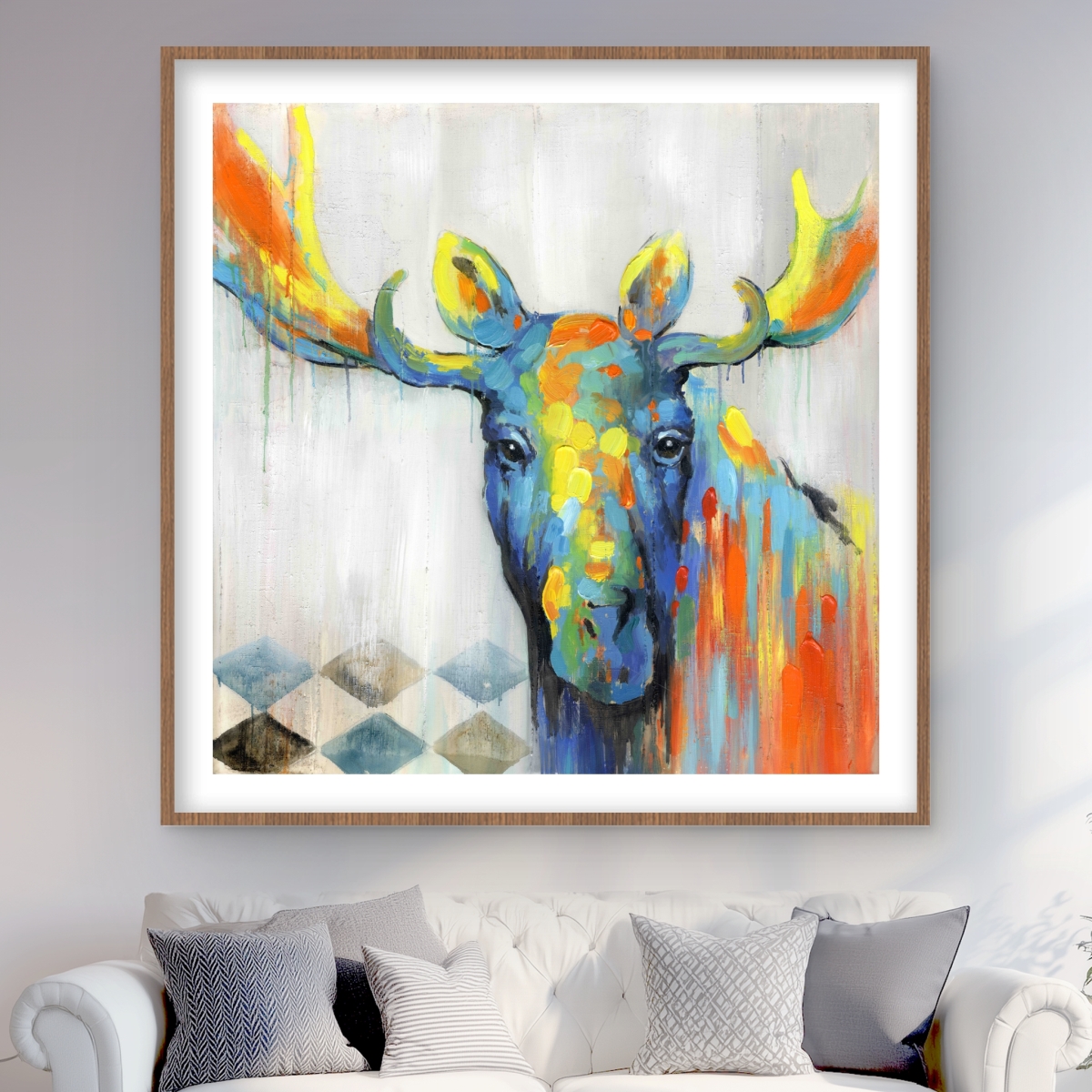C1FM4848N1AULT 48 x 48 in. Colorful Abstract Moose - Blue Framed Matted Print Wall Art for Decor