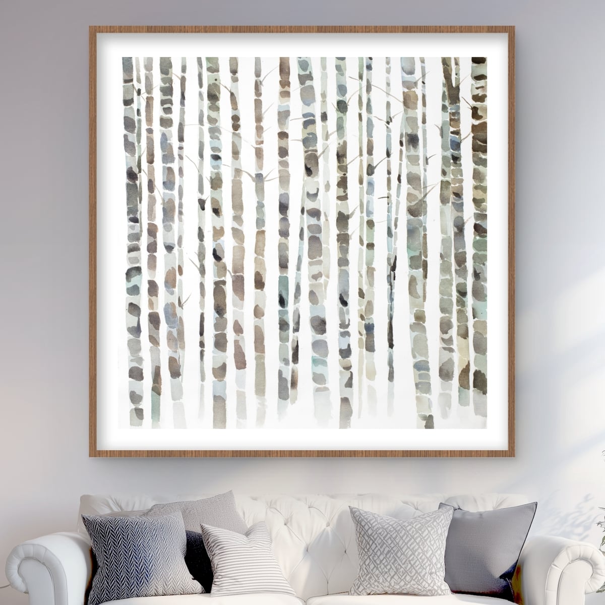 C1FM4848N6HOUC 48 x 48 in. Watercolor Birch Tree Forest Print Wall Art - Blue Framed Matted Art