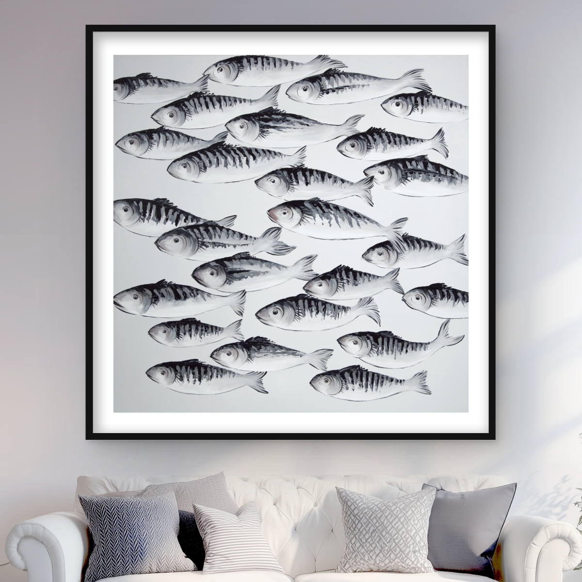 C1FM4848R045PO 48 x 48 in. Gray School of Fish - Modern Bathroom Print Wall Art - Home Decor Art