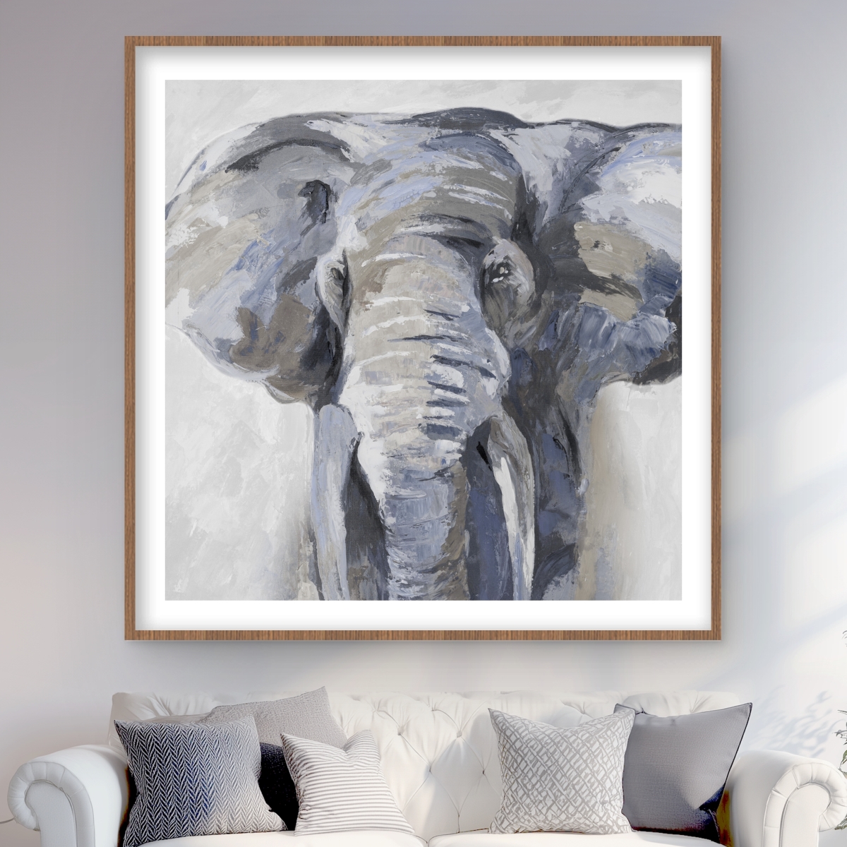 C1FM4848KOENE0 48 x 48 in. Pastel Blue Elephant - Framed Matted Print Wall Art for Home Decor