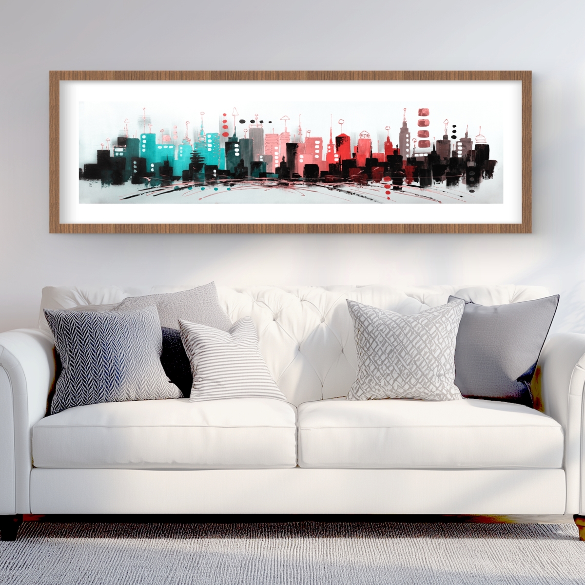 C1FM2060Z7U8L6 20 x 60 in. Cityscape Rose Gold Turquoise Shapes Framed Matted Print Wall Art