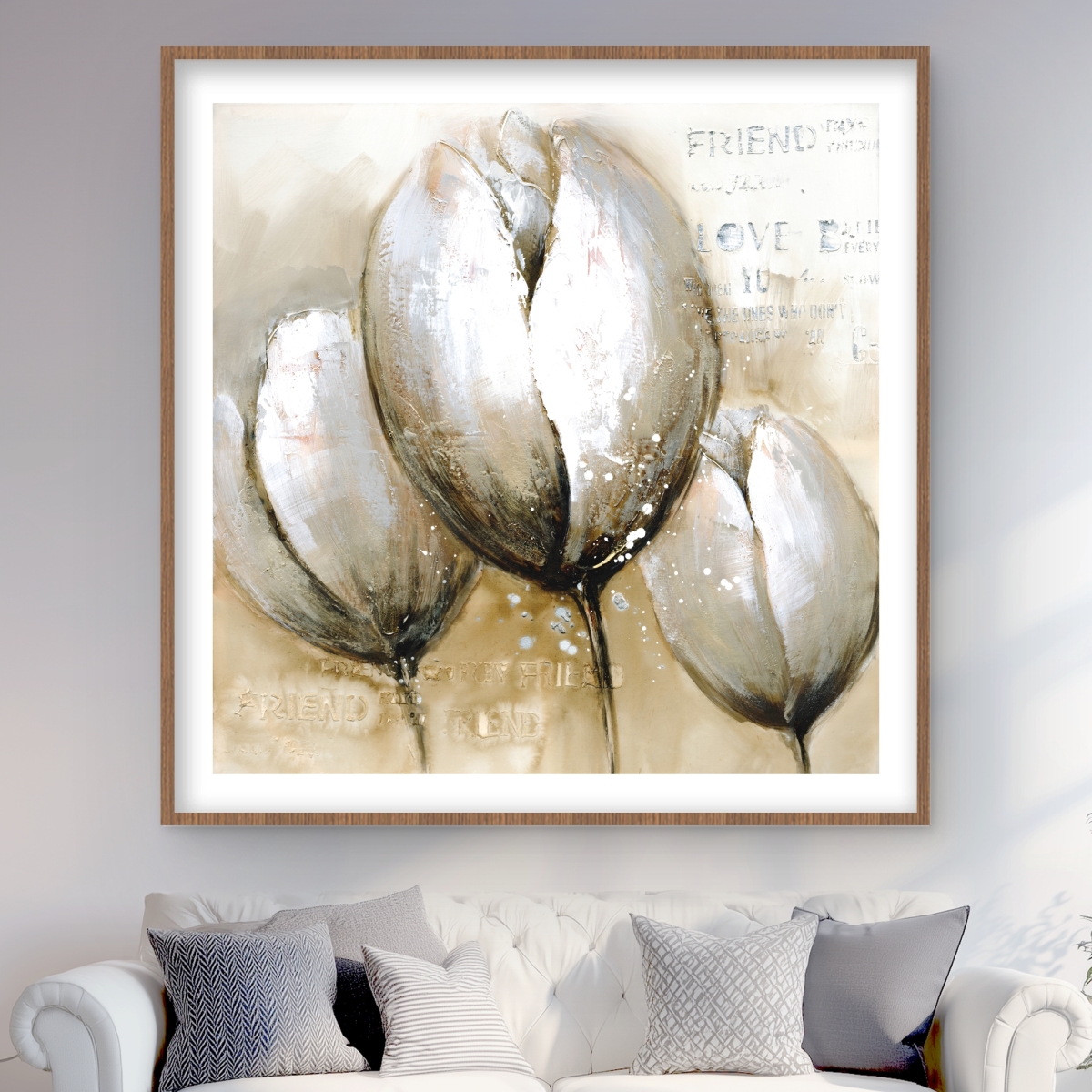C1FM4848XAO3BW 48 x 48 in. Three Tulips with Typography - Framed Matted Print Wall Art for Decor
