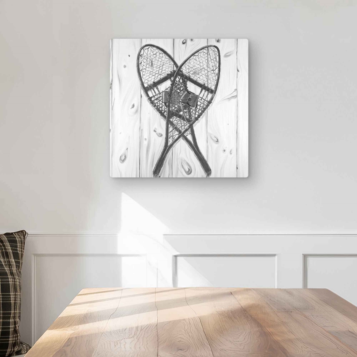 C1MP1616KS7QYH 16 x 16 in. Vintage Monochrome Wood Snowshoes Wall Art - Rustic Black Metal Print