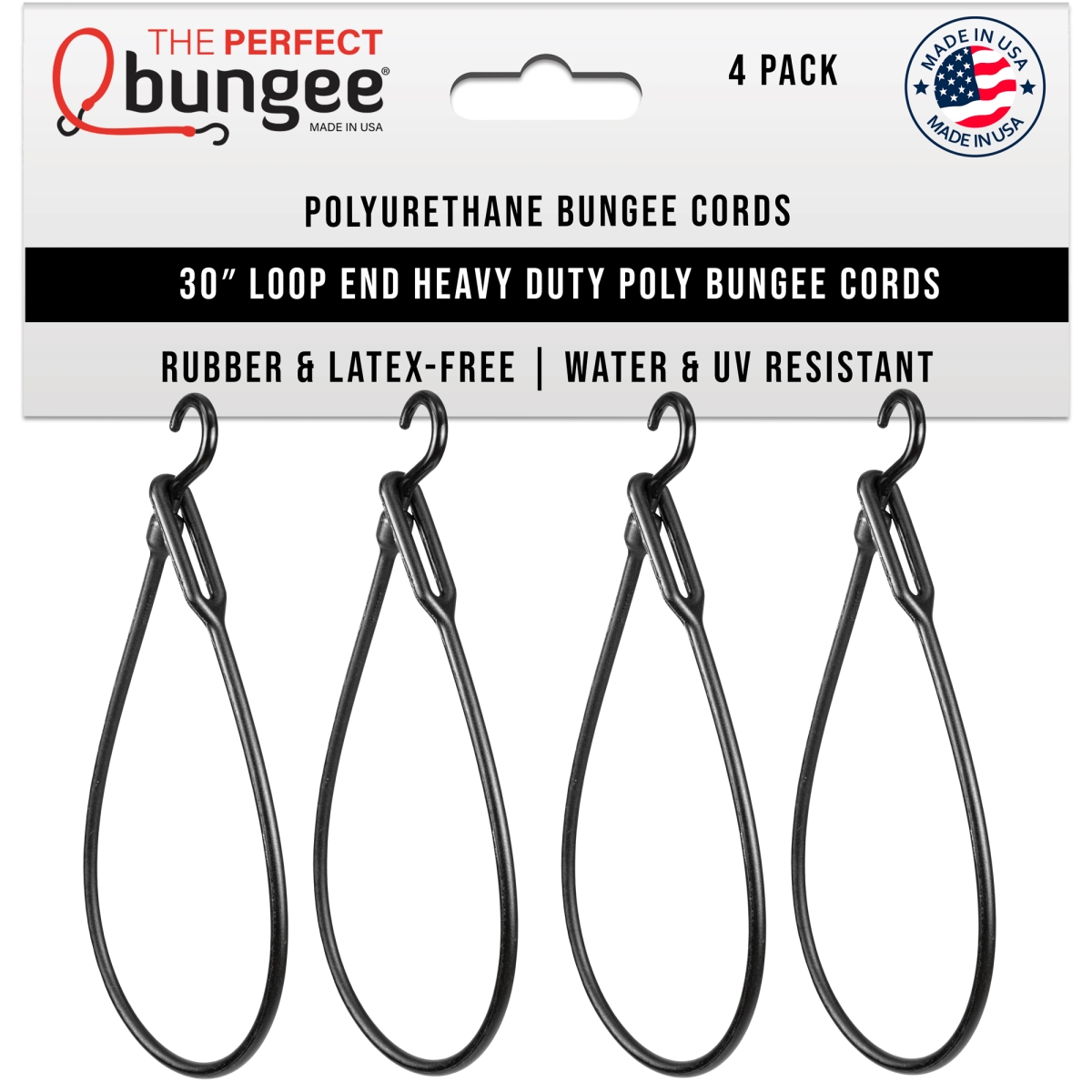 Picture of The Perfect Bungee PC30LEBK4PK THE PERFECT BUNGEE - 30&apos; Heavy Duty Poly Bungee Cord with Loop On One End and Integrated Glass Filled Nylon J Hook on Other&#44; Premium Round Bungee Cord&#44; Black&#44; 4 Pack