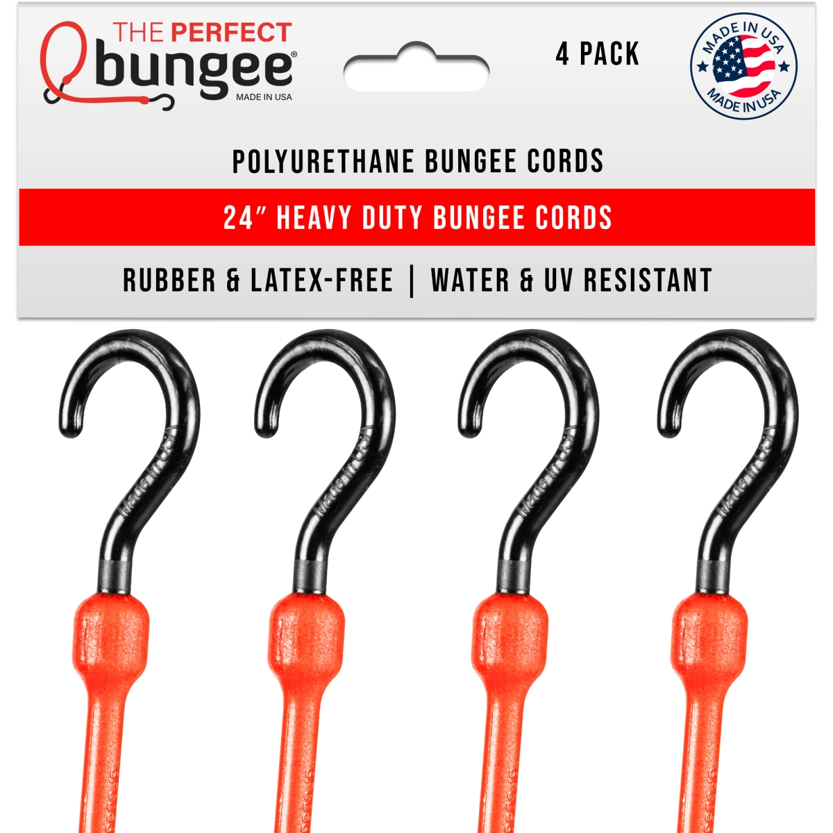 Picture of The Perfect Bungee PC24R4PK THE PERFECT BUNGEE - 24&apos; Heavy Duty Poly Bungee Cord&#44; Premium Round Bungee Cord with Integraged Nylon J Hooks&#44; Red&#44; 4 Pack