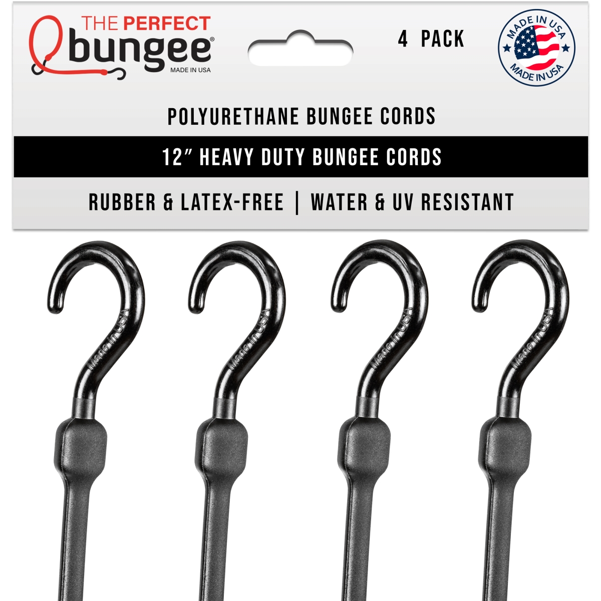 Picture of The Perfect Bungee PC12BK4PK THE PERFECT BUNGEE - 12&apos; Heavy Duty Poly Bungee Cord&#44; Premium Round Bungee Cord with Integraged Nylon J Hooks&#44; Black&#44; 4 Pack