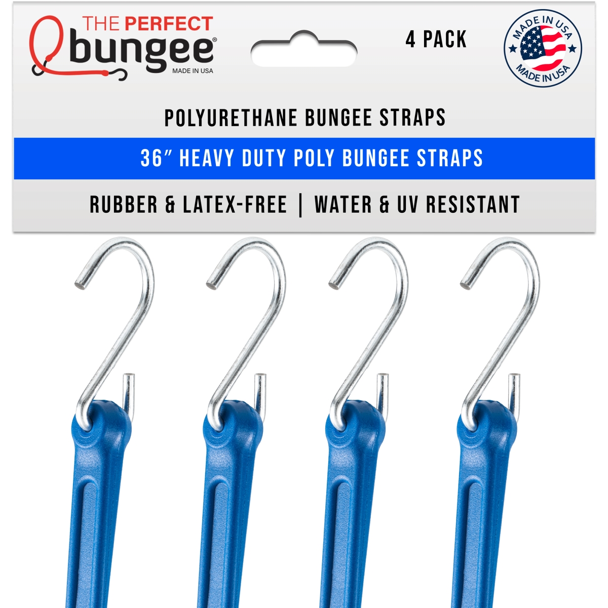 Picture of The Perfect Bungee PB36BL4PK THE PERFECT BUNGEE - 36&apos; Heavy Duty Poly Strap&#44; Premium Flat Bungee Strap&#44; Tarp Strap&#44; Galvanized Steel S Hooks&#44; Blue&#44; 4 Pack