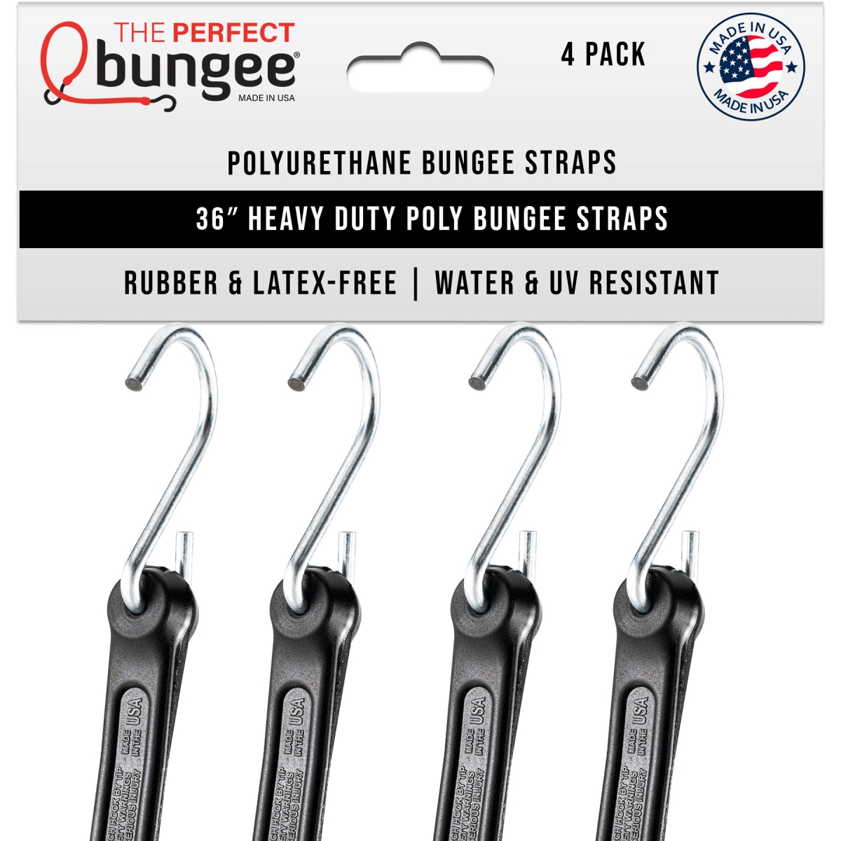 Picture of The Perfect Bungee PB36BK4PK THE PERFECT BUNGEE - 36&apos; Heavy Duty Poly Strap&#44; Premium Flat Bungee Strap&#44; Tarp Strap&#44; Galvanized Steel S Hooks&#44; Black&#44; 4 Pack