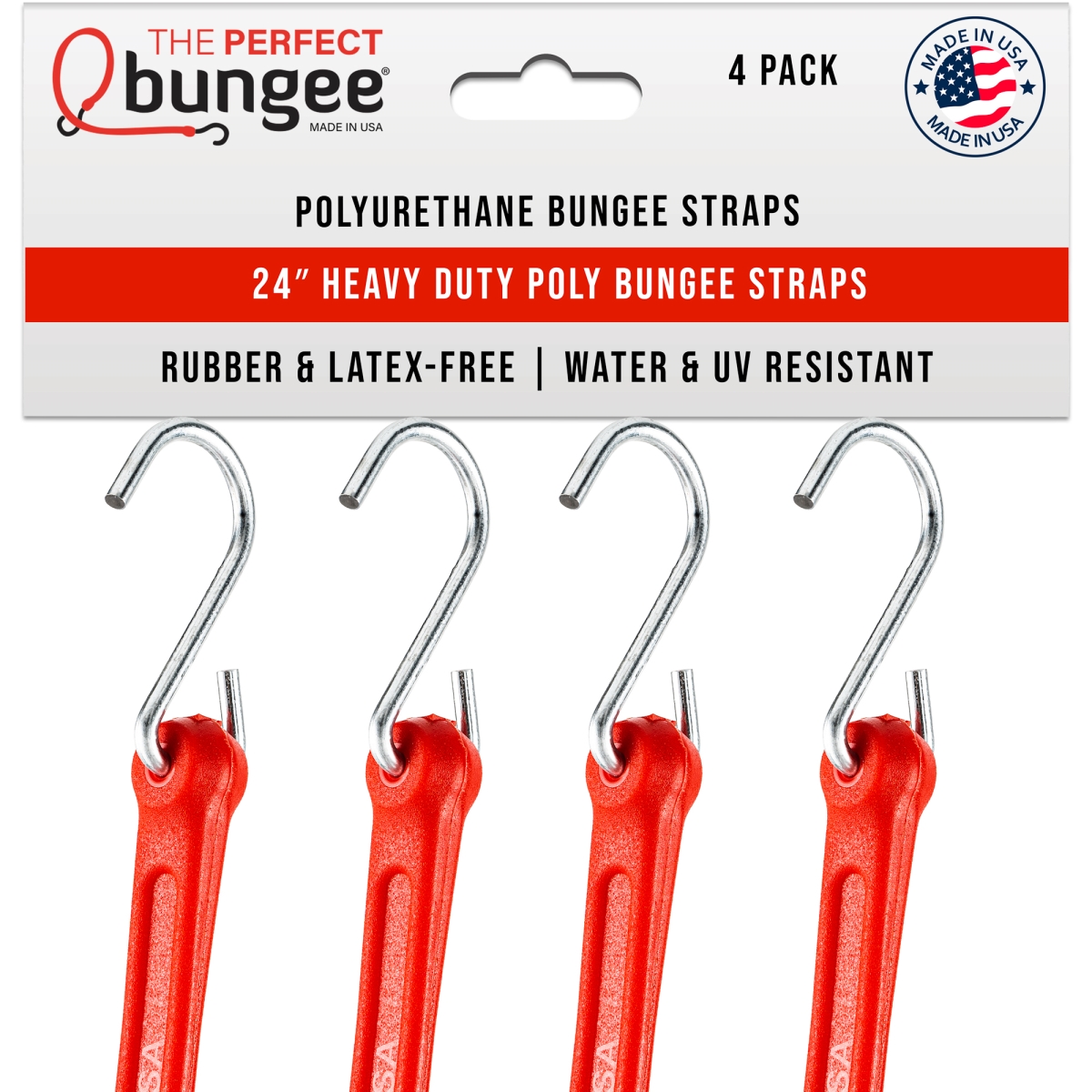 Picture of The Perfect Bungee PB24R4PK THE PERFECT BUNGEE - 24&apos; Heavy Duty Poly Strap&#44; Premium Flat Bungee Strap&#44; Tarp Strap&#44; Galvanized Steel S Hooks&#44; Red&#44; 4 Pack