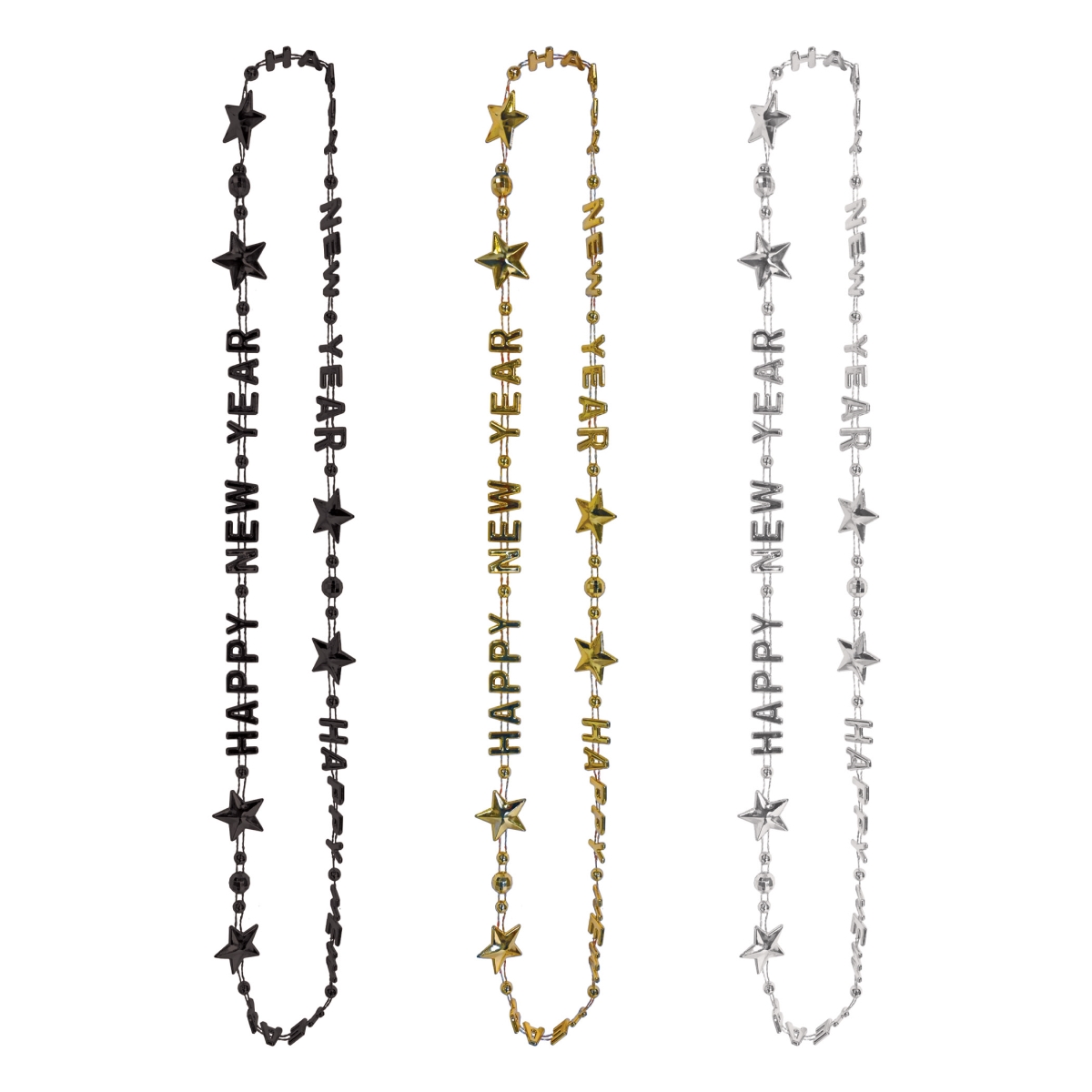 Picture of Beistle 80588BKGDS 36 in. Happy Year Beads of Expression - Assorted Black&#44; Gold & Silver - Pack of 12
