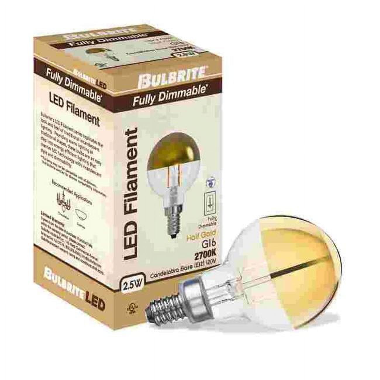 Picture of Bulbrite 862839 LED Filament 2.5 W Dimmable G16 Light Bulb with Half Gold Glass Finish & Candelabra E12 Base - 2700K Warm White Light&#44; 200 Lumens&#44; Pack of 4