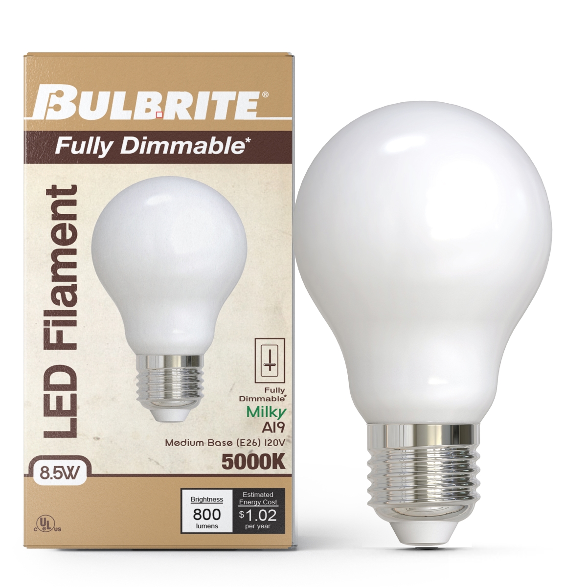 LED Filament, 8.5 Watt Dimmable A19 Light Bulb, Milky Glass Finish, E26 Base, 5000K, 800 Lumens,4PK