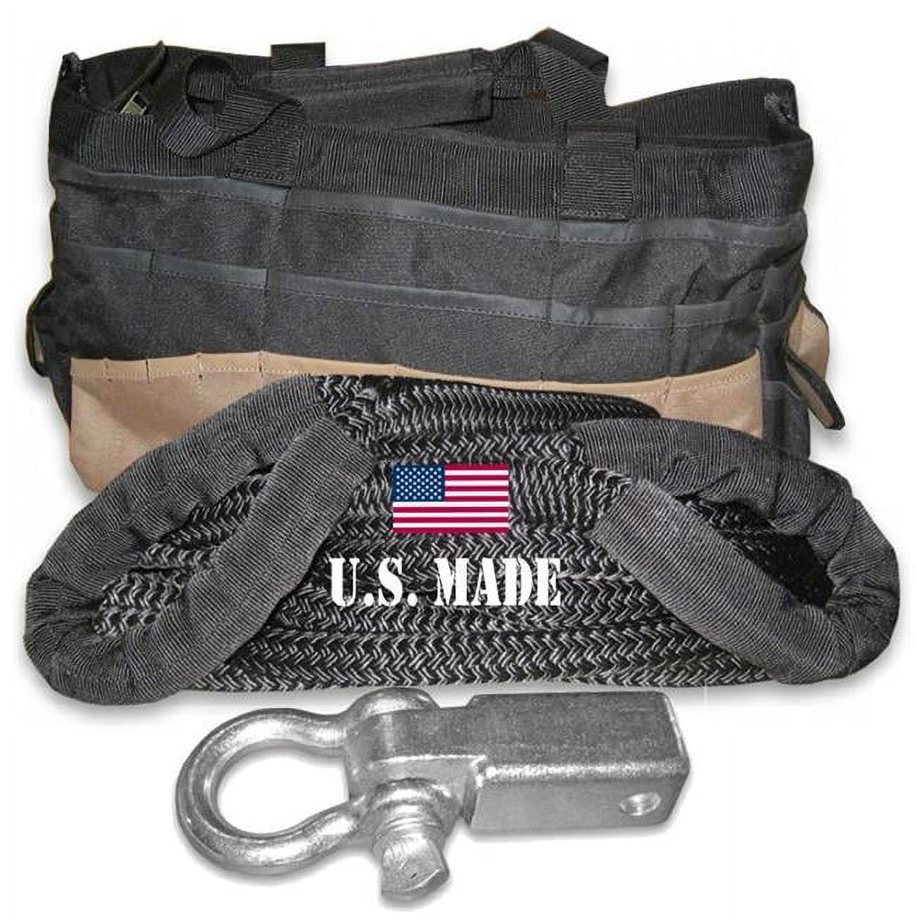 U.S. made KINETIC Snatch Rope MILITARY-GRADE (BLACK) - 1 inch X 30 ft with Receiver Shackle Bracket and Heavy-Duty Carry Bag (4X4 VEHICLE RECOVERY) -  BILLET4X4, YB130BB-SB