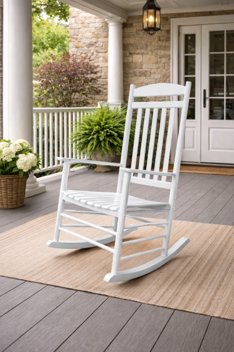 72WHT112450-1 Fratelli White Outdoor Rocking Chair with Slat Seat, Contoured Design and Easy-Carry Handle