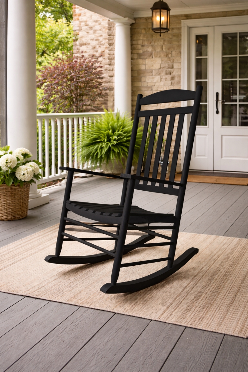72BLK112450-2 Fratelli Black Outdoor Rocking Chair with Slat Seat, Contoured Design and Easy-Carry Handle