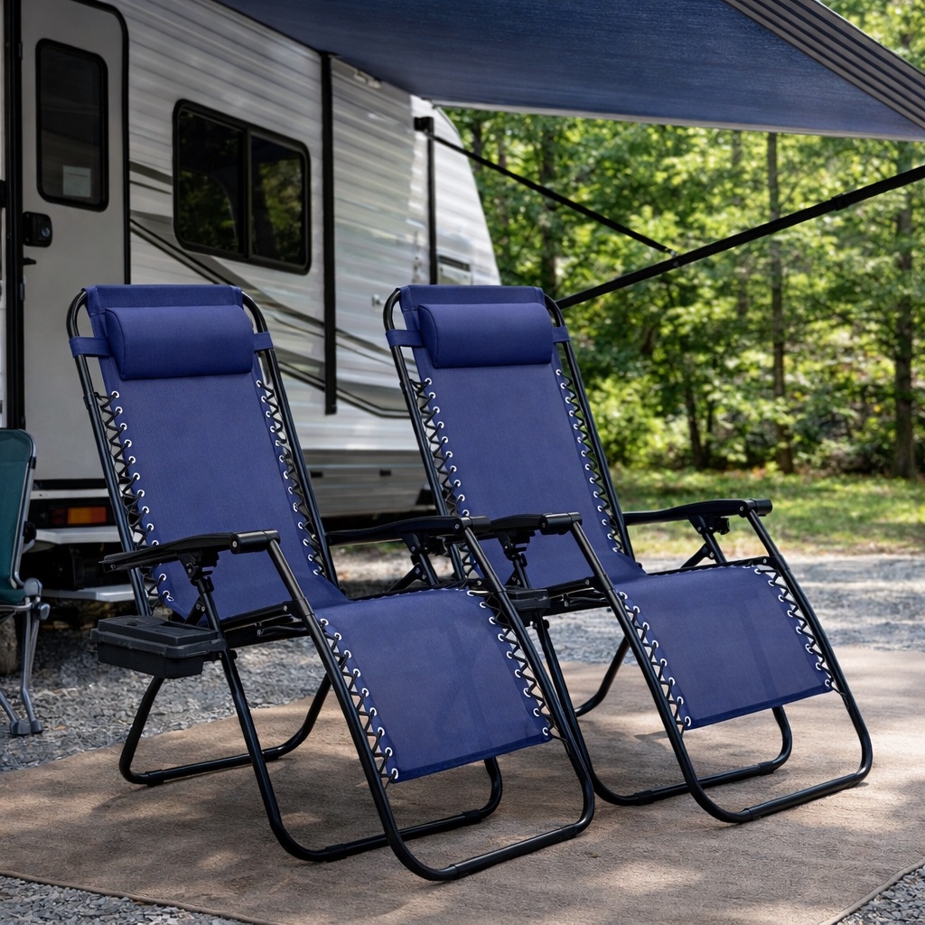 64B117703-3 Barca Folding Zero Gravity Chairs Steel Sling Outdoor Lounge Chairs with Breathable Indigo Blue Mesh Fabric (2-Pack)