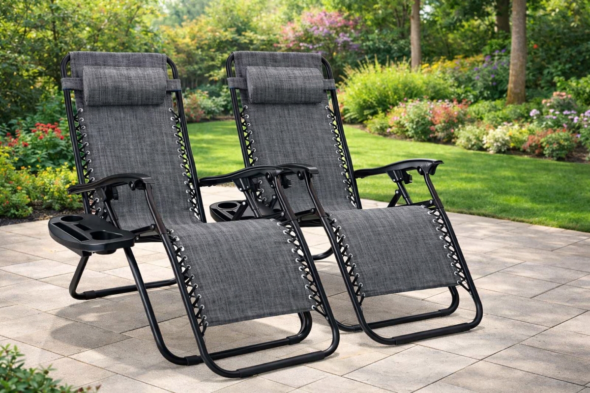 64G117701-1 Barca Folding Zero Gravity Chairs Steel Sling Outdoor Lounge Chairs with Breathable Gray Mesh Fabric (2-Pack)